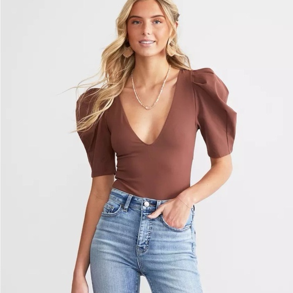 Free People Chocolate Puff Sleeve Bodysuit